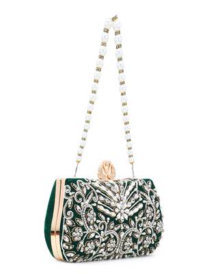 Adorn Dark Green & White Velvet Beaded Clutch 3