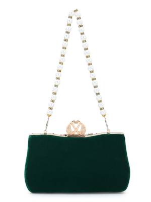 Adorn Dark Green & White Velvet Beaded Clutch 4