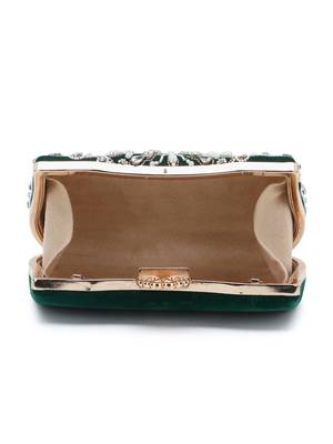 Adorn Dark Green & White Velvet Beaded Clutch 5