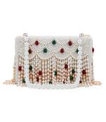 Coffer White, Green & Maroon Suede Pearl Beaded Clutch