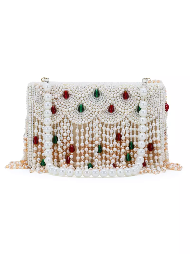 Coffer White, Green & Maroon Suede Pearl Beaded Clutch