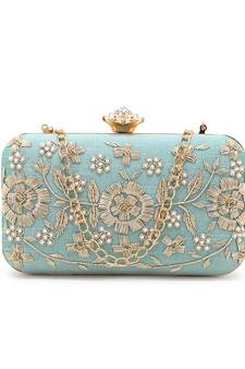 Adorn Pastel Green & Gold Faux Silk Floral Embroidered Clutch