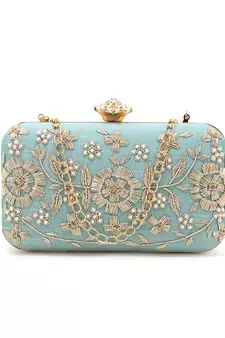Adorn Pastel Green & Gold Faux Silk Floral Embroidered Clutch