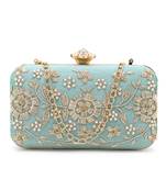 Adorn Pastel Green & Gold Faux Silk Floral Embroidered Clutch