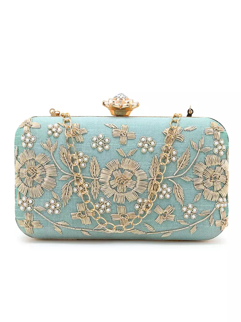 Adorn Pastel Green & Gold Faux Silk Floral Embroidered Clutch