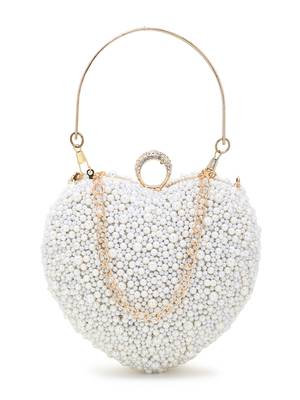 Love Off White Faux Silk Pearl Embellished Heart shaped Clutch 1