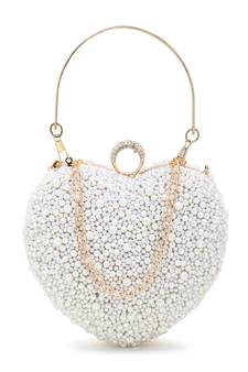 Love Off White Faux Silk Pearl Embellished Heart shaped Clutch