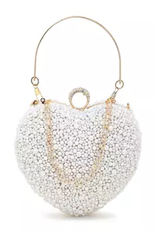 Love Off White Faux Silk Pearl Embellished Heart shaped Clutch