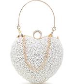 Love Off White Faux Silk Pearl Embellished Heart shaped Clutch