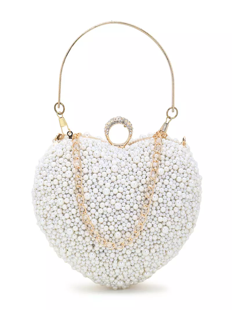 Love Off White Faux Silk Pearl Embellished Heart shaped Clutch
