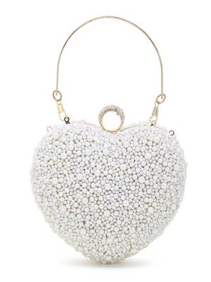 Love Off White Faux Silk Pearl Embellished Heart shaped Clutch 2
