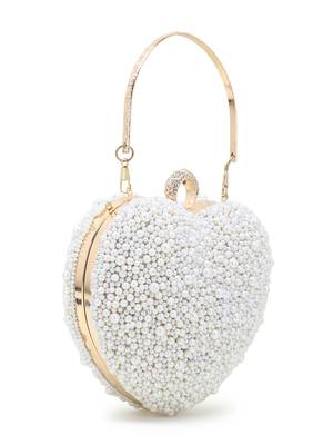 Love Off White Faux Silk Pearl Embellished Heart shaped Clutch 3
