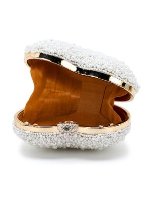 Love Off White Faux Silk Pearl Embellished Heart shaped Clutch 4