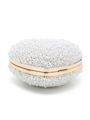 Love Off White Faux Silk Pearl Embellished Heart shaped Clutch 5