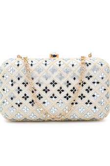 Adorn Off White Faux Silk Geometric Clutch with Mirror Work