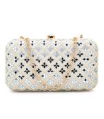 Adorn Off White Faux Silk Geometric Clutch with Mirror Work