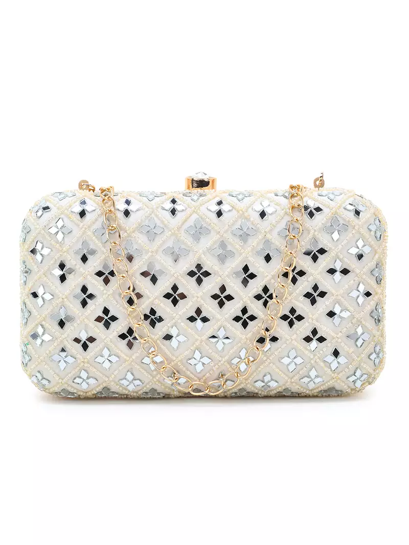 Adorn Off White Faux Silk Geometric Clutch with Mirror Work