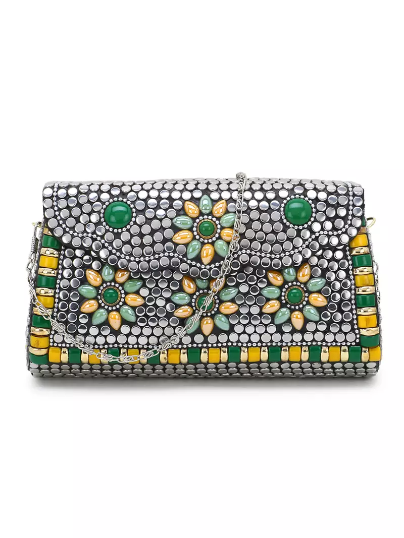 Mosiac Silver & Multi Metal Clutch with Stone Work