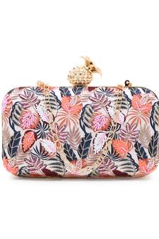 Adorn Cream & Multi Printed Satin Botanical Embroidered Clutch