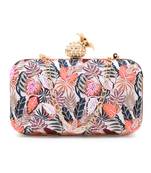 Adorn Cream & Multi Printed Satin Botanical Embroidered Clutch