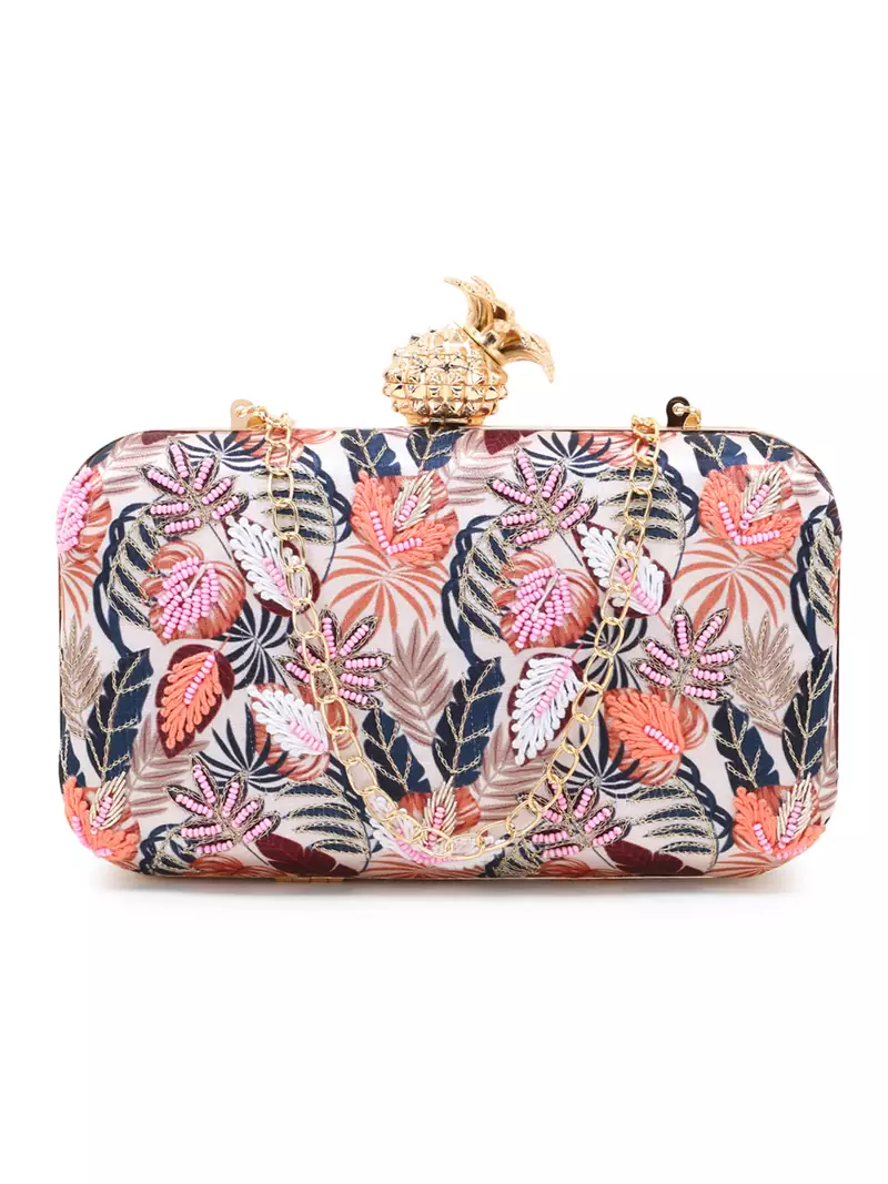 Adorn Cream & Multi Printed Satin Botanical Embroidered Clutch