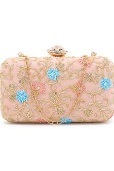 Adorn Peach & Multi Velvet Floral Embellished Clutch