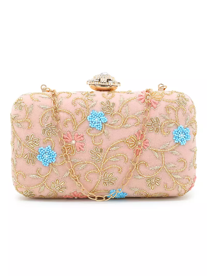 Adorn Peach & Multi Velvet Floral Embellished Clutch