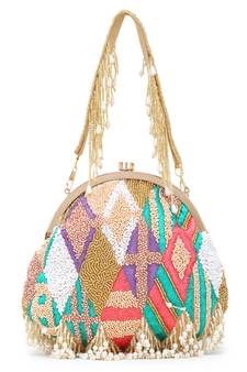 Pochette Gold & Pastel Multi Faux Silk Geometric Embellished Bead Work Clutch