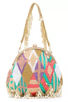 Pochette Gold & Pastel Multi Faux Silk Geometric Embellished Bead Work Clutch