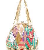 Pochette Gold & Pastel Multi Faux Silk Geometric Embellished Bead Work Clutch