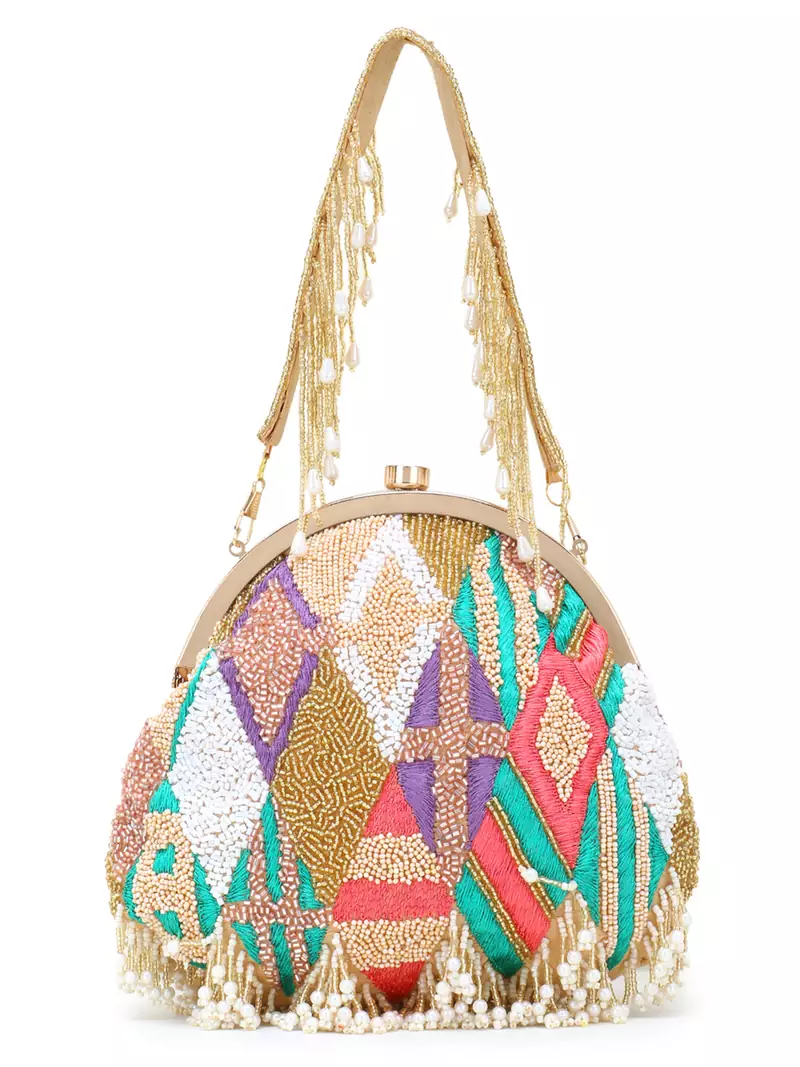 Pochette Gold & Pastel Multi Faux Silk Geometric Embellished Bead Work Clutch