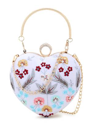 Love White & Multi Velvet Floral Embroidered Heart shaped Clutch 1
