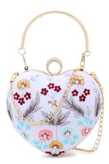 Love White & Multi Velvet Floral Embroidered Heart shaped Clutch