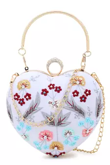 Love White & Multi Velvet Floral Embroidered Heart shaped Clutch