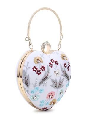 Love White & Multi Velvet Floral Embroidered Heart shaped Clutch 2