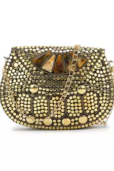Mosiac Gold & Brown Metal Clutch with Stone Work