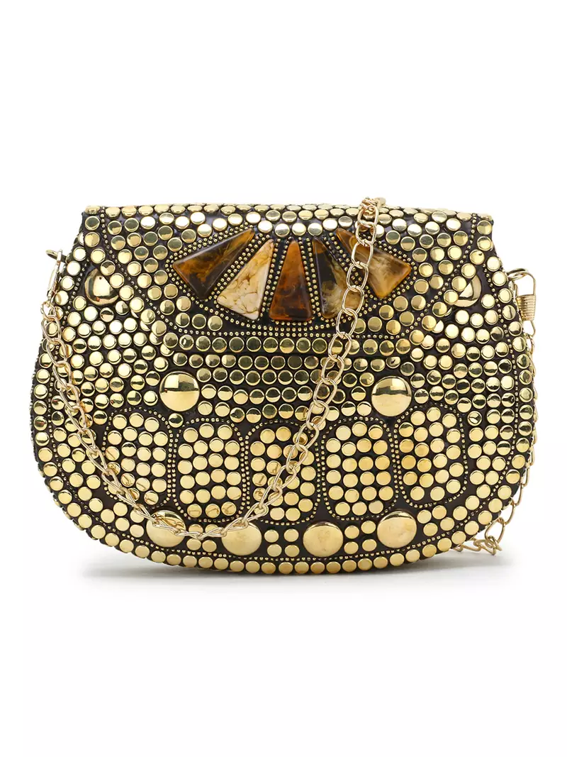 Mosiac Gold & Brown Metal Clutch with Stone Work