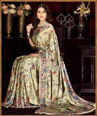 Green Printed Satin Saree With Blouse 2
