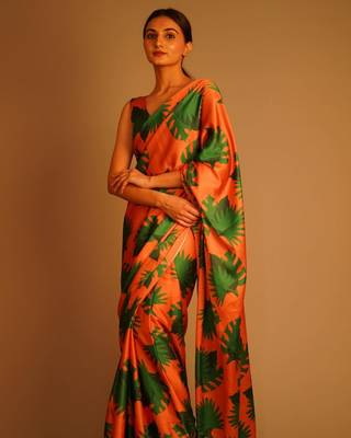 Orange Printed Satin Saree With Blouse 1