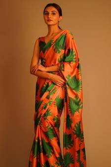 Orange Printed Satin Saree With Blouse