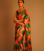 Orange Printed Satin Saree With Blouse