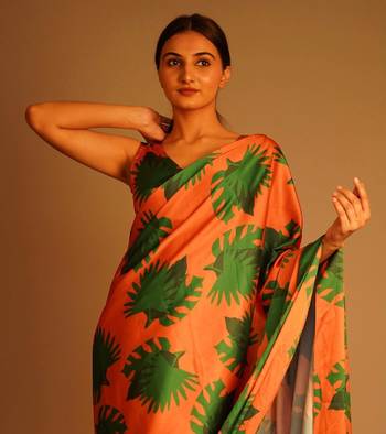 Orange Printed Satin Saree With Blouse 2