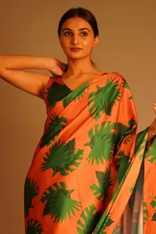 Orange Printed Satin Saree With Blouse