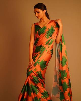 Orange Printed Satin Saree With Blouse 3