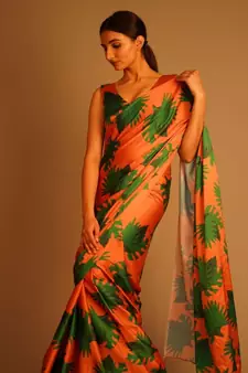 Orange Printed Satin Saree With Blouse