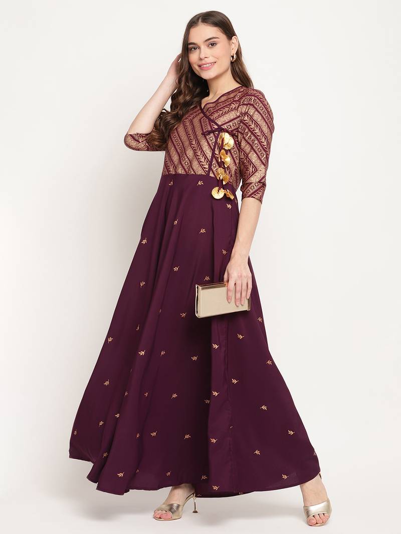 Ahalyaa Burgundy Ethnic Motifs Ethnic Maxi Dress