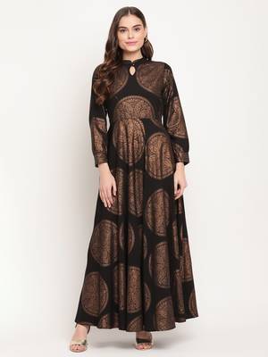 Ahalyaa Black Ethnic Motifs Keyhole Neck Ethnic Maxi Dress 1