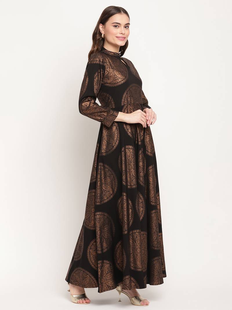 Ahalyaa Black Ethnic Motifs Keyhole Neck Ethnic Maxi Dress