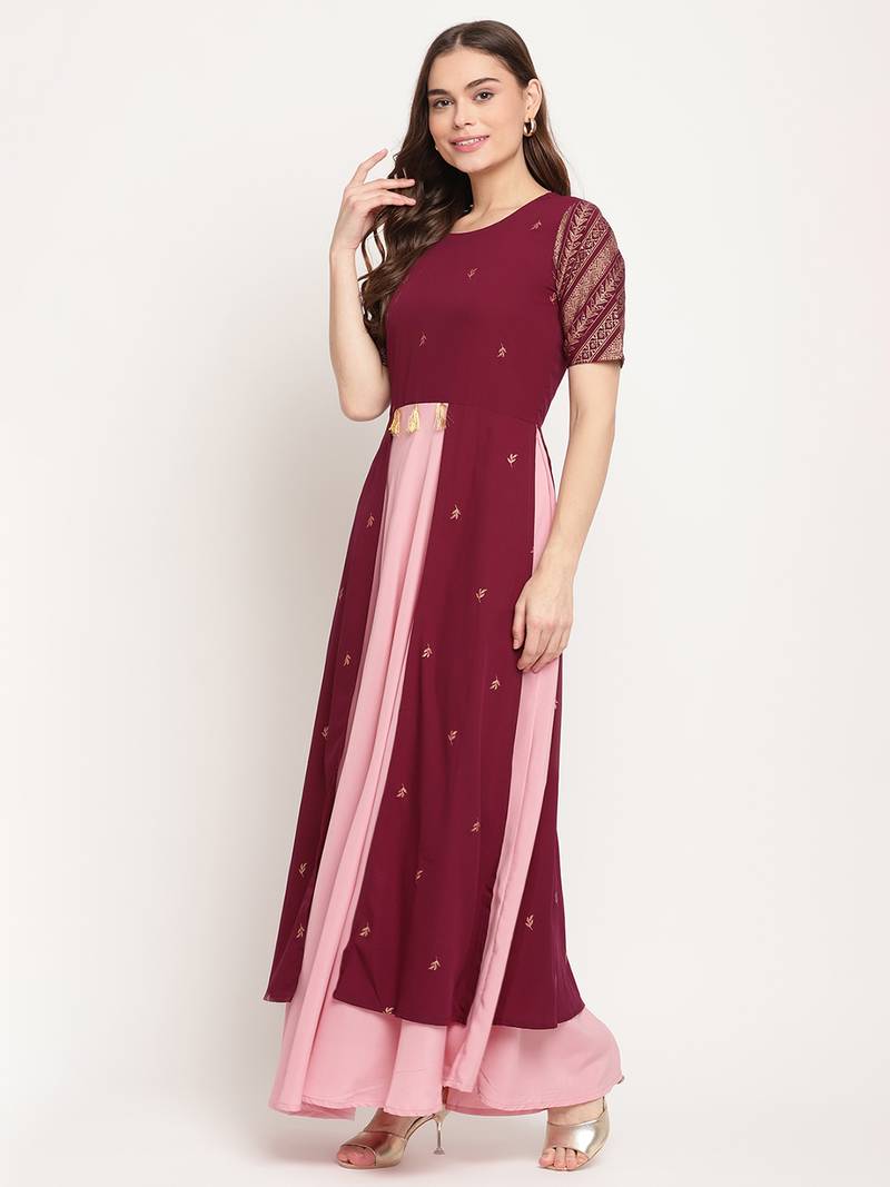 Ahalyaa Wine Layered Ethnic Maxi Dress
