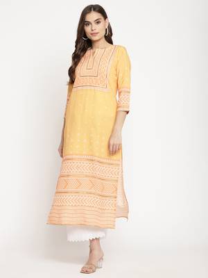 Ahalyaa Women Yellow Ethnic Motifs Keyhole Neck Kurta 1
